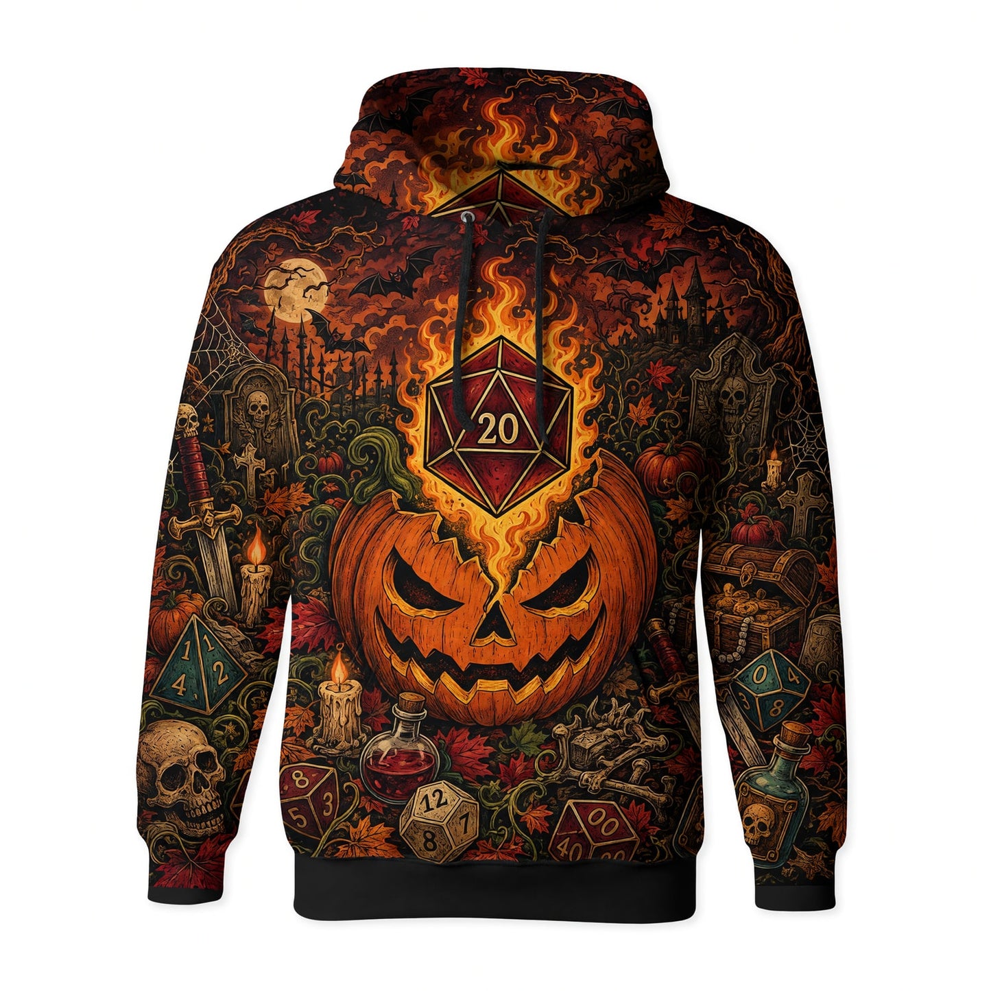 Halloween Flaming D20 AOP T-Shirt - Spooky RPG Streetwear