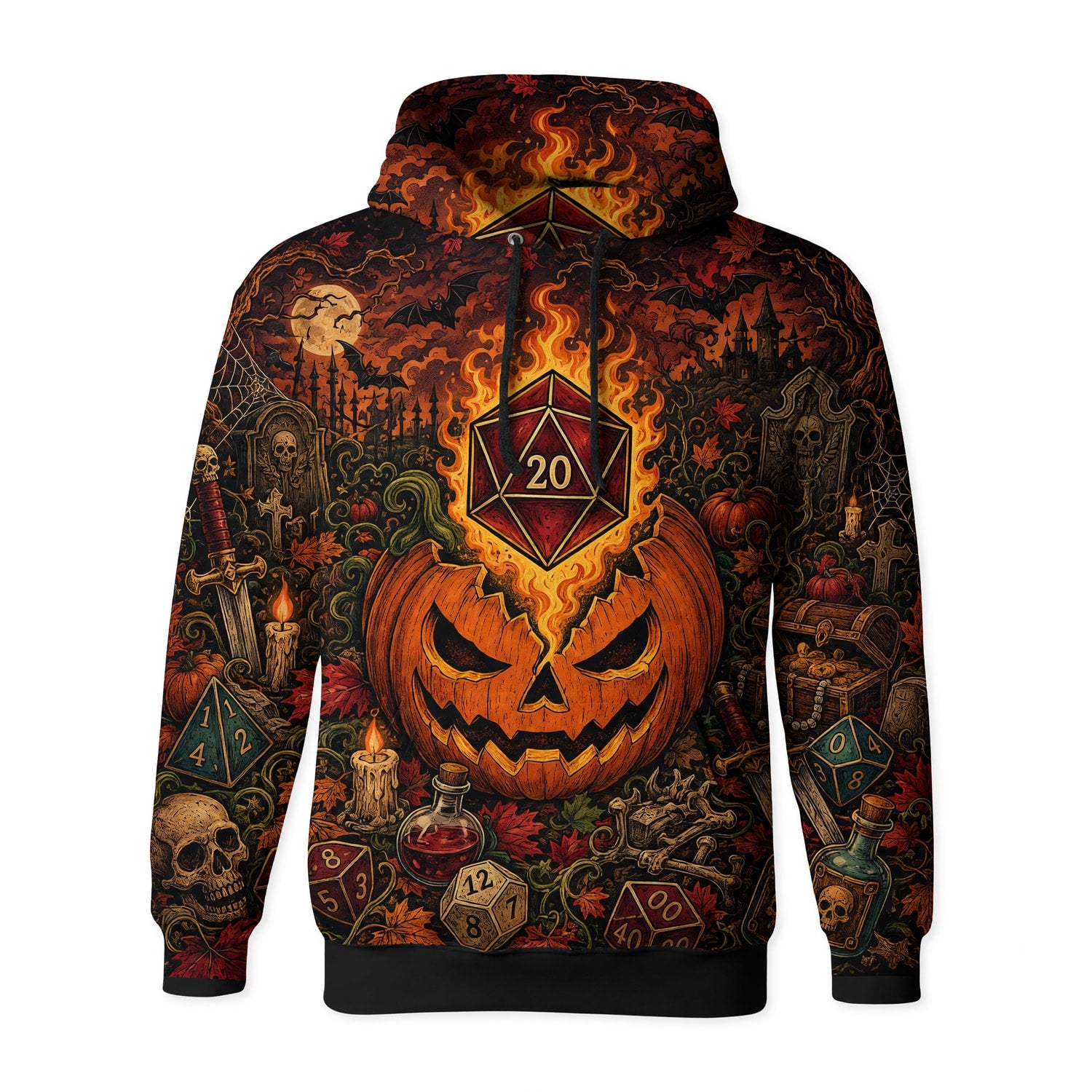 Halloween Flaming D20 AOP T-Shirt - Spooky RPG Streetwear