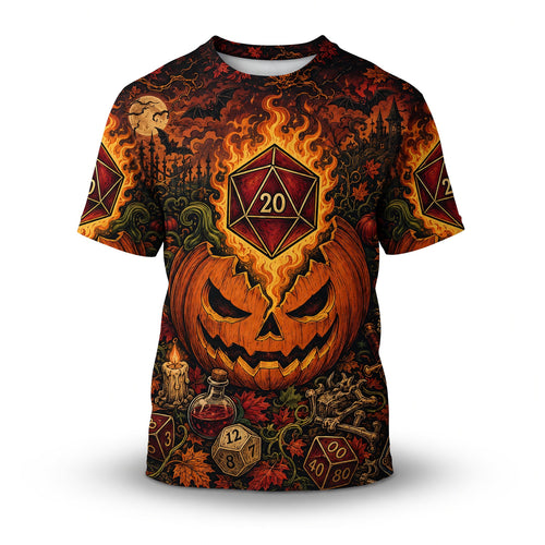Halloween Flaming D20 AOP T-Shirt - Spooky RPG Streetwear