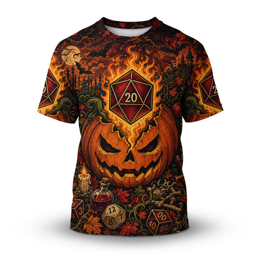 Halloween Flaming D20 AOP T-Shirt - Spooky RPG Streetwear