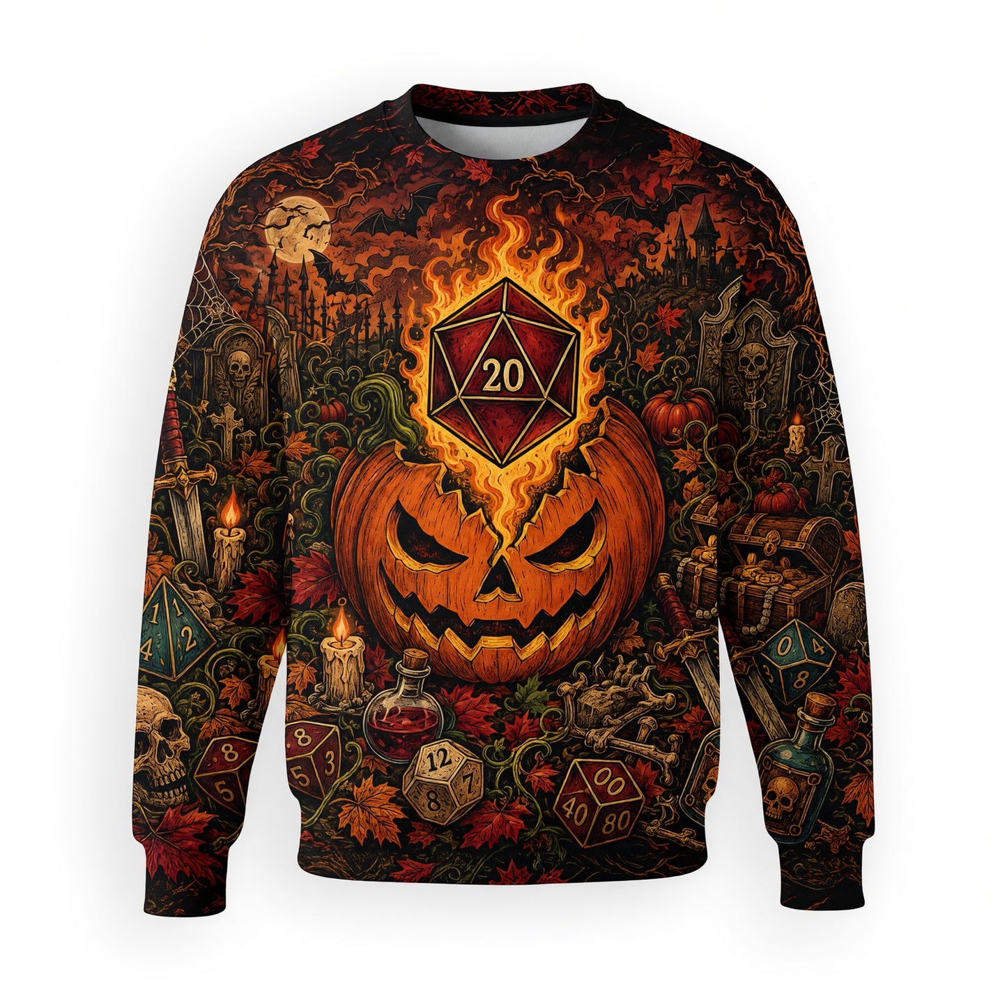 Halloween Flaming D20 AOP T-Shirt - Spooky RPG Streetwear