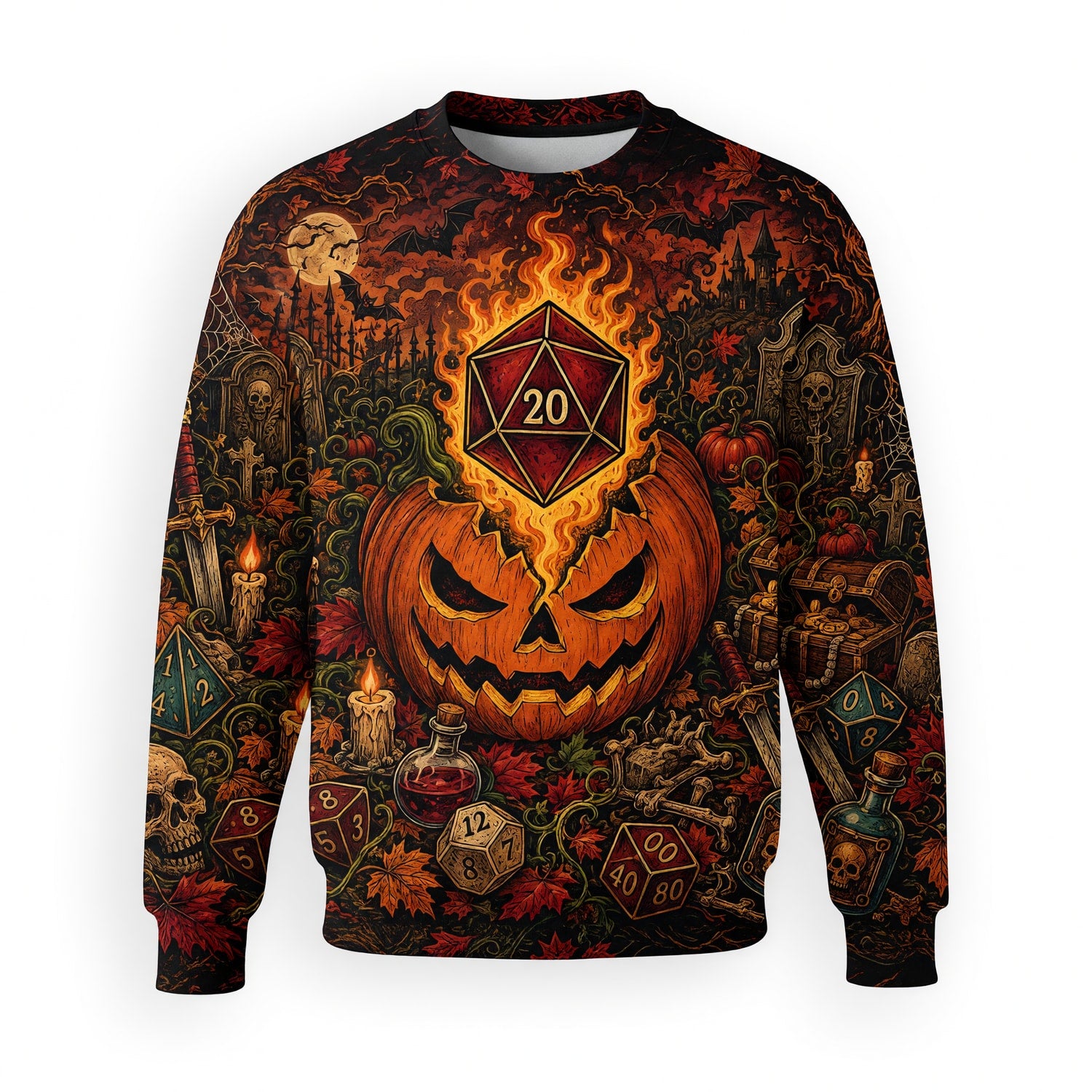 Halloween Flaming D20 AOP T-Shirt - Spooky RPG Streetwear