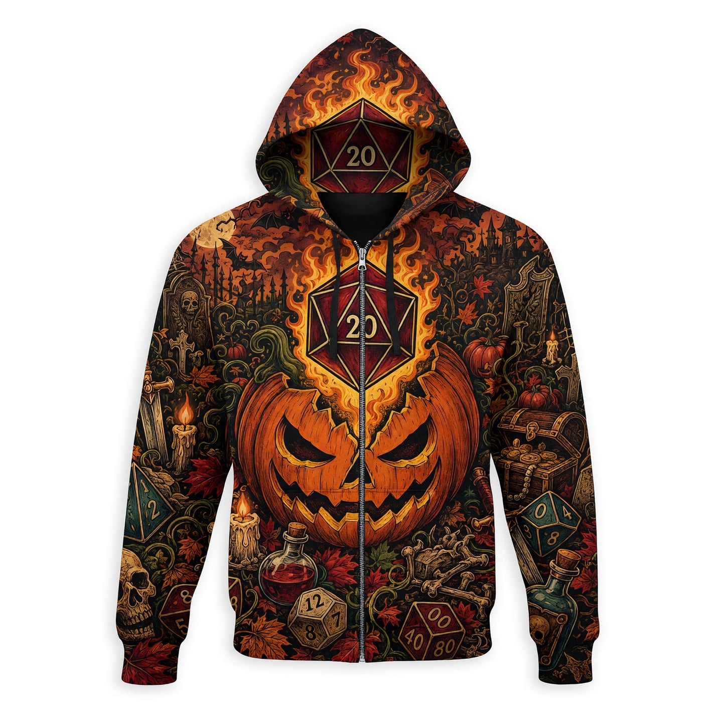 Halloween Flaming D20 AOP T-Shirt - Spooky RPG Streetwear