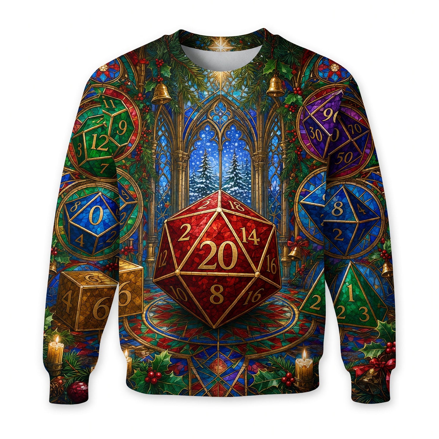 Christmas Dice AOP Apparel - Stained Glass Holiday Fantasy RPG