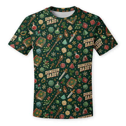 Dungeon Daddy Christmas AOP T-Shirt - Festive Dice Pattern