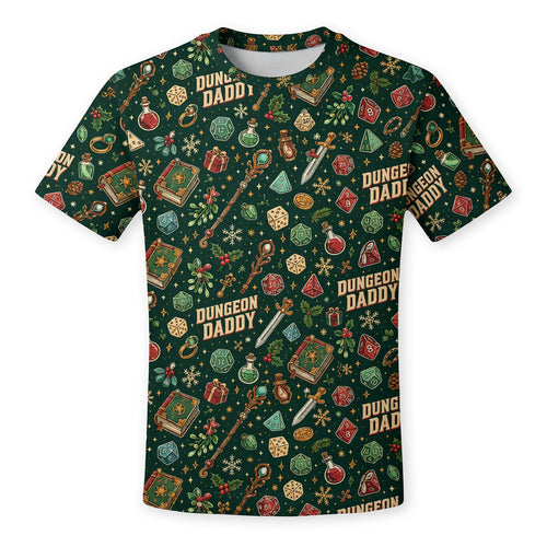 Dungeon Daddy Christmas AOP T-Shirt - Festive Dice Pattern