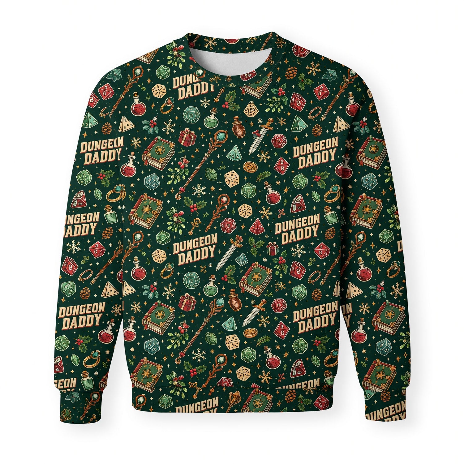 Dungeon Daddy Christmas AOP T-Shirt - Festive Dice Pattern