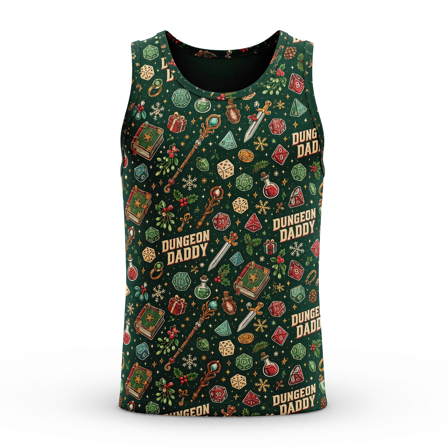 Dungeon Daddy Christmas AOP T-Shirt - Festive Dice Pattern