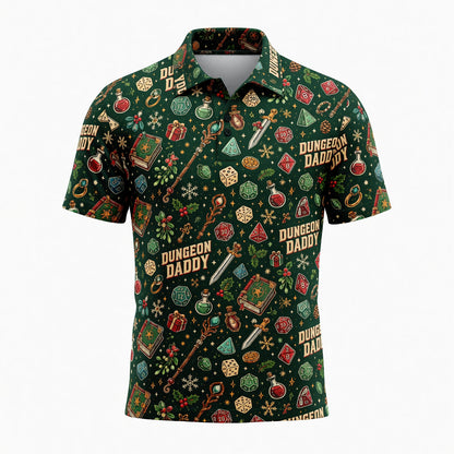 Dungeon Daddy Christmas AOP T-Shirt - Festive Dice Pattern