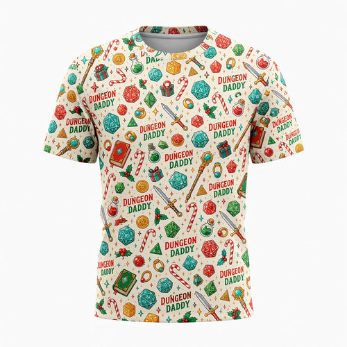 Dungeon Daddy Christmas AOP T-Shirt - Holiday RPG Pattern
