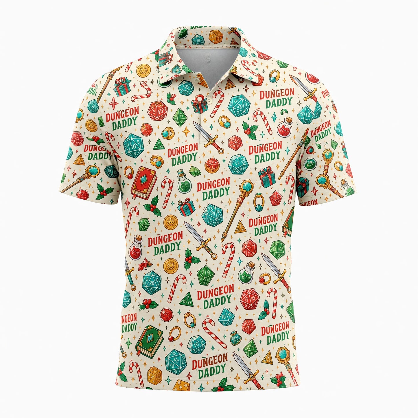 Dungeon Daddy Christmas AOP T-Shirt - Holiday RPG Pattern