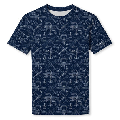 Vintage Aircraft Blueprint AOP T-Shirt - Retro Aviation Streetwear