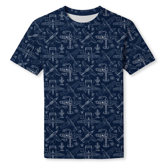 Vintage Aircraft Blueprint AOP T-Shirt - Retro Aviation Streetwear