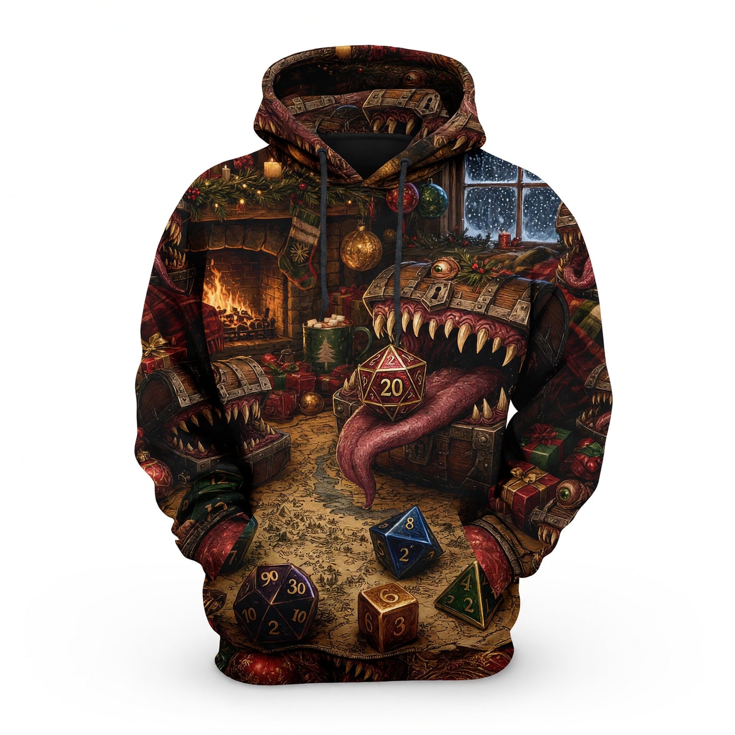 Mimic Christmas Dice AOP T-Shirt - Fantasy RPG Holiday Apparel