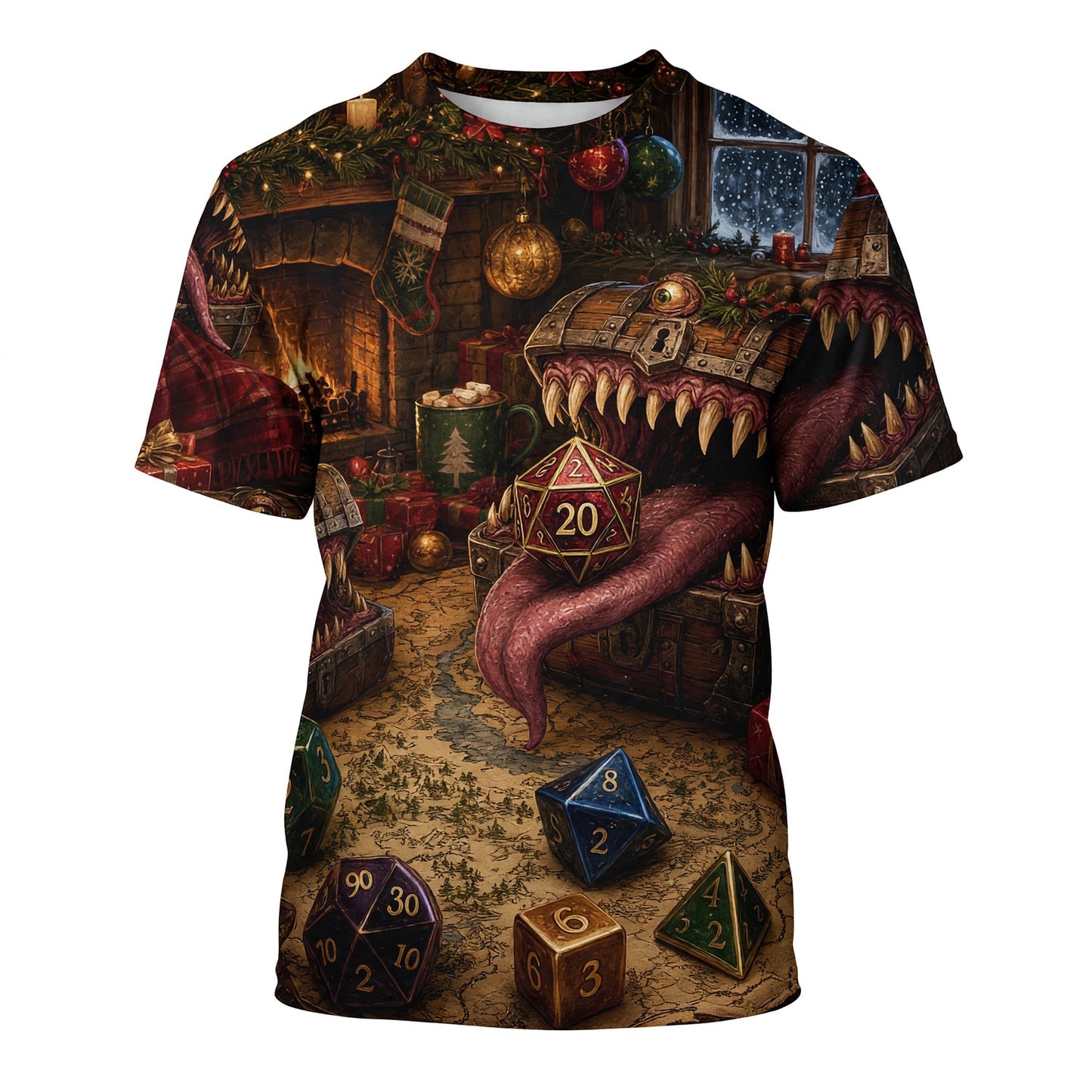 Mimic Christmas Dice AOP T-Shirt - Fantasy RPG Holiday Apparel