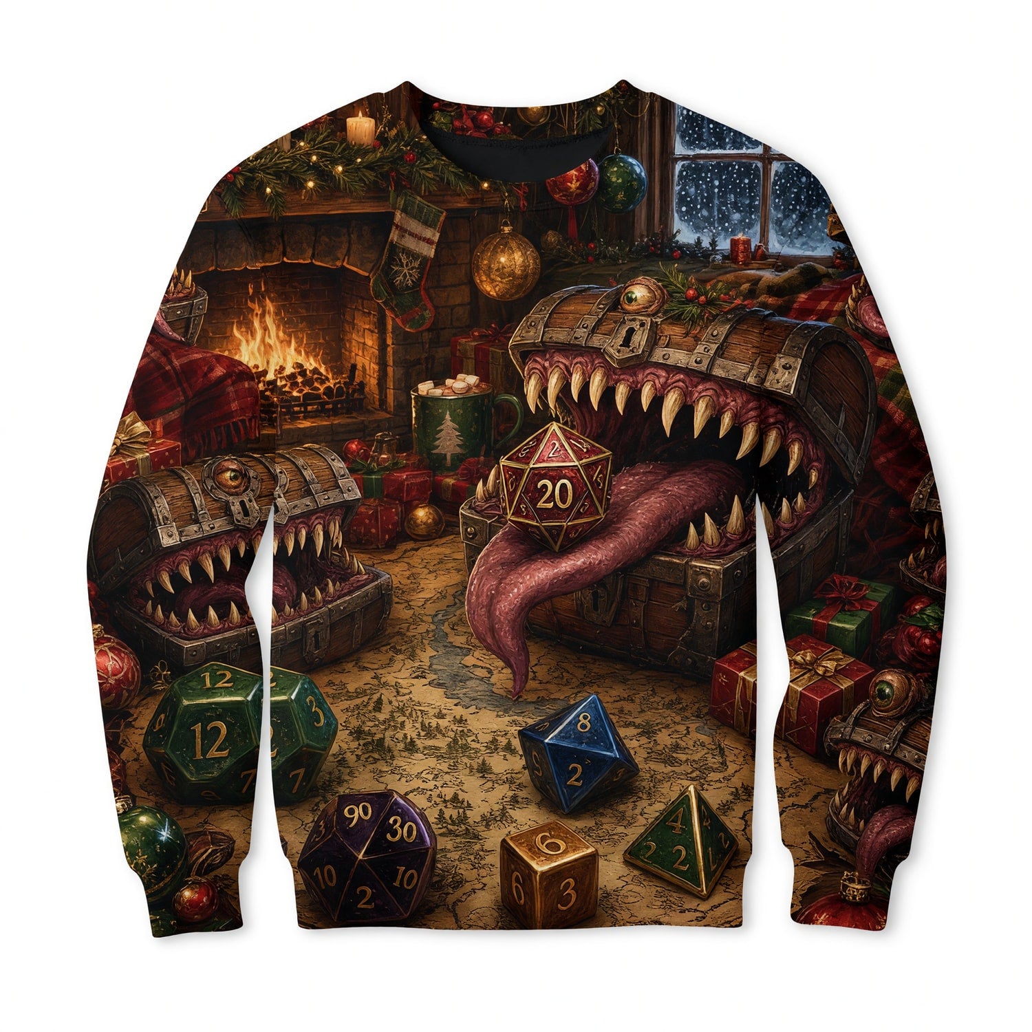 Mimic Christmas Dice AOP T-Shirt - Fantasy RPG Holiday Apparel