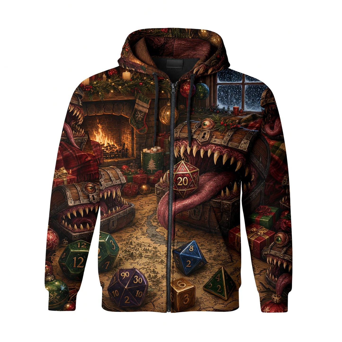 Mimic Christmas Dice AOP T-Shirt - Fantasy RPG Holiday Apparel