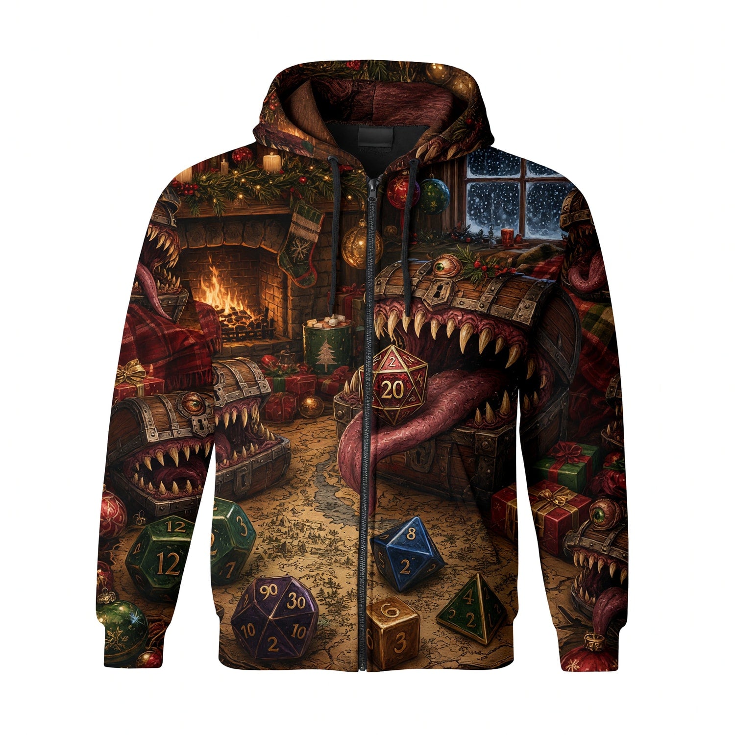Mimic Christmas Dice AOP T-Shirt - Fantasy RPG Holiday Apparel