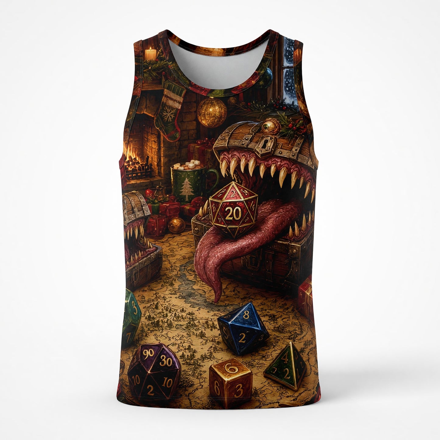 Mimic Christmas Dice AOP T-Shirt - Fantasy RPG Holiday Apparel