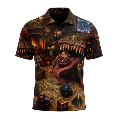 Mimic Christmas Dice AOP T-Shirt - Fantasy RPG Holiday Apparel