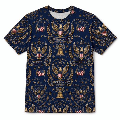 America 250 Luxury Eagle Crest Patriotic 1776-2026 Liberty Bell Apparel - AOPI1A3T001