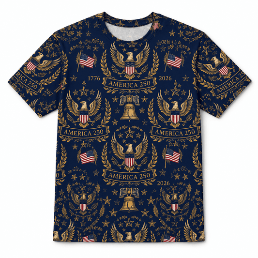 America 250 Luxury Eagle Crest Patriotic 1776-2026 Liberty Bell Apparel - AOPI1A3T001