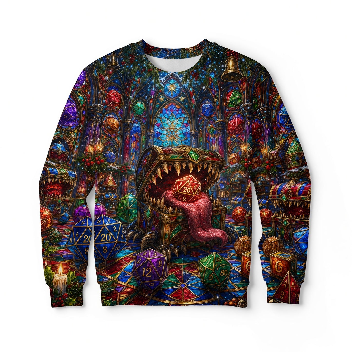 Christmas Mimic Dice AOP Apparel - Fantasy RPG Holiday Design