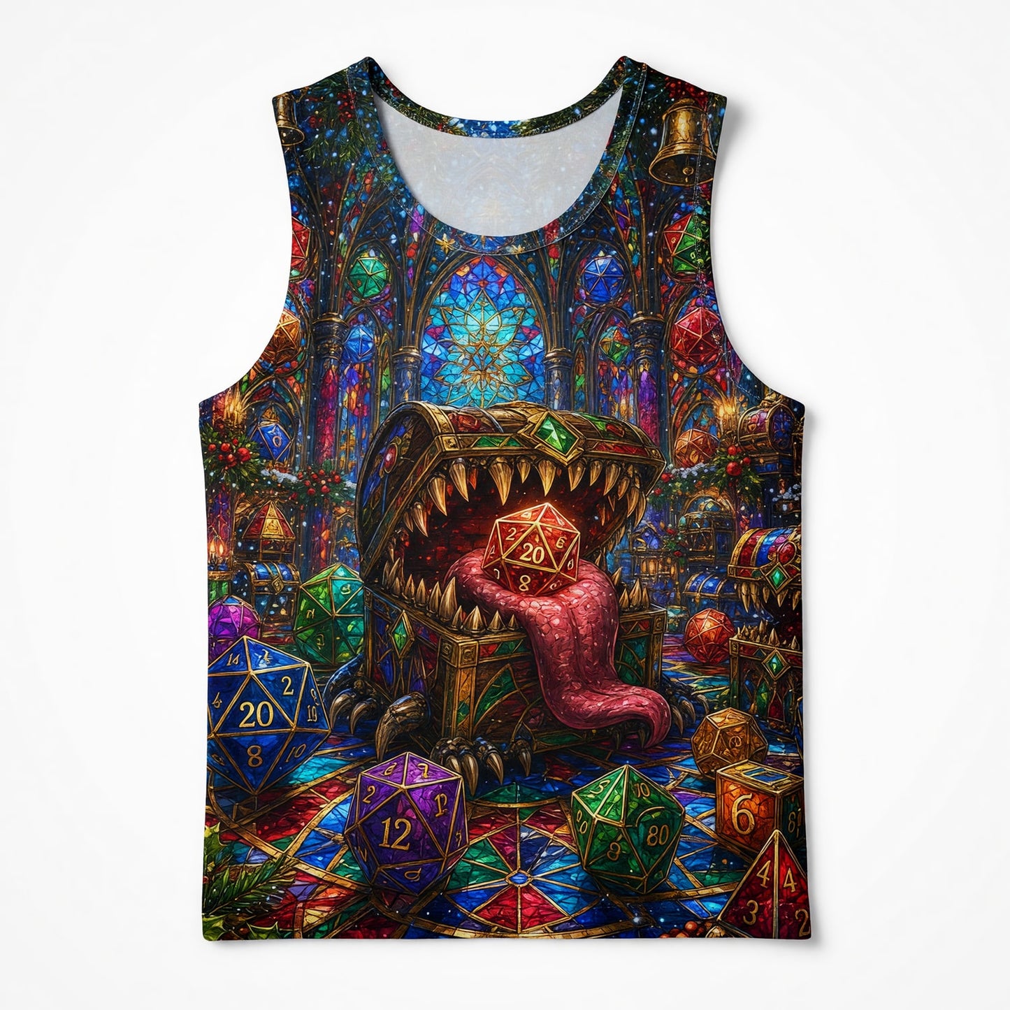 Christmas Mimic Dice AOP Apparel - Fantasy RPG Holiday Design