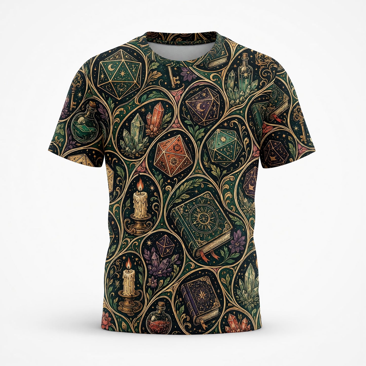 Mystic D20 Dice AOP T-Shirt - Fantasy Witchcraft Pattern