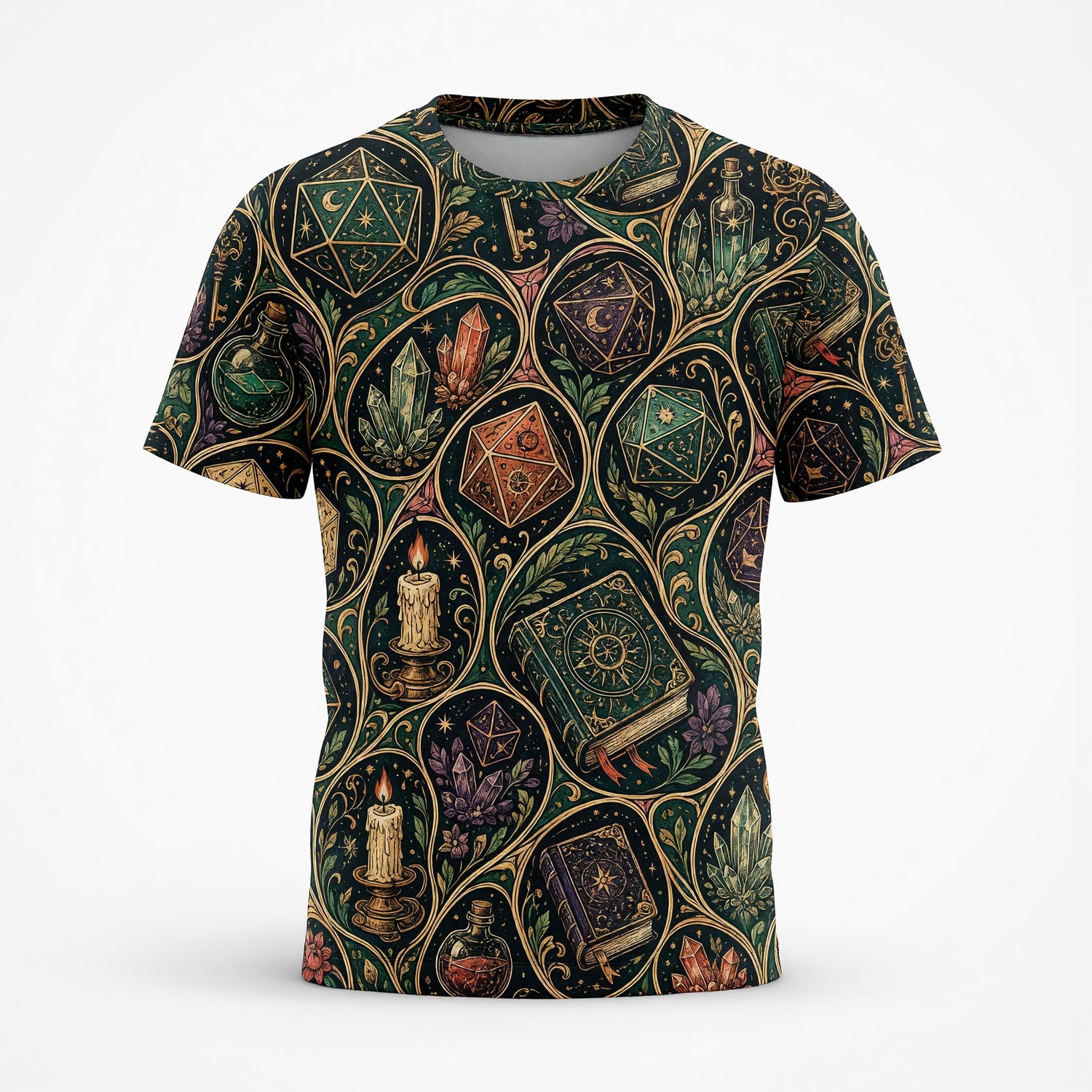 Mystic D20 Dice AOP T-Shirt - Fantasy Witchcraft Pattern