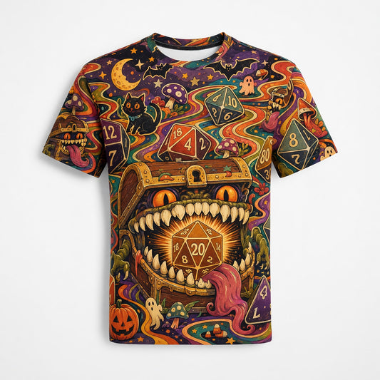 Mimic Dice Halloween AOP T-Shirt - RPG Tabletop Fantasy Art