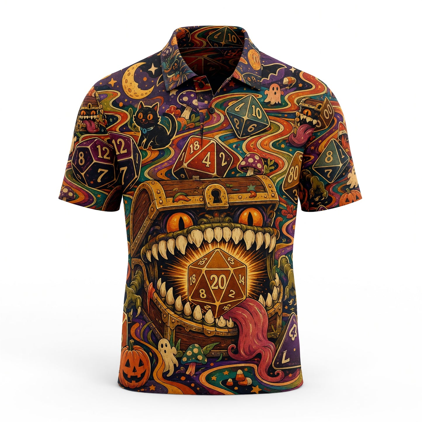 Mimic Dice Halloween AOP T-Shirt - RPG Tabletop Fantasy Art