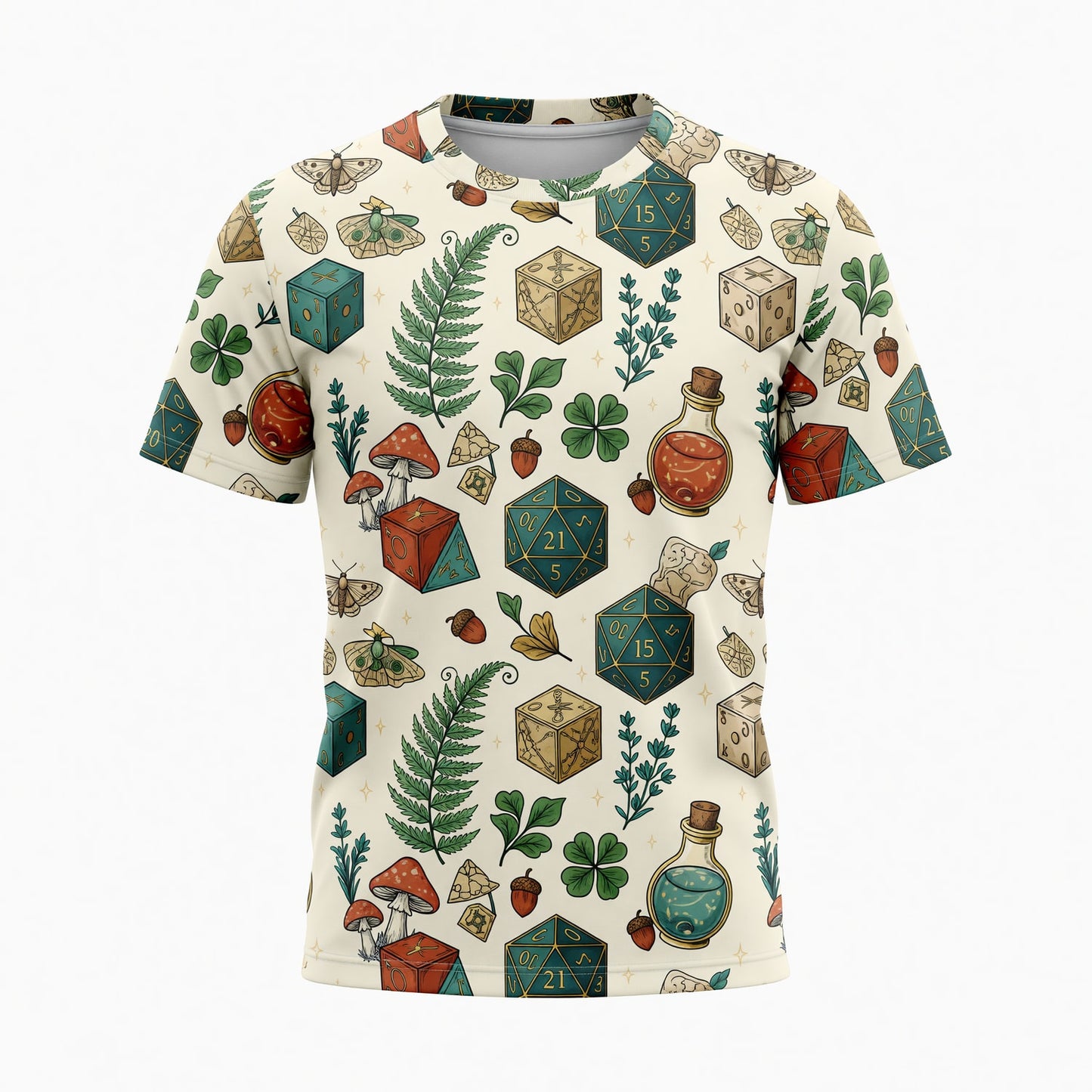 Dice Potion AOP T-Shirt - Fantasy Mushroom RPG Forest Pattern