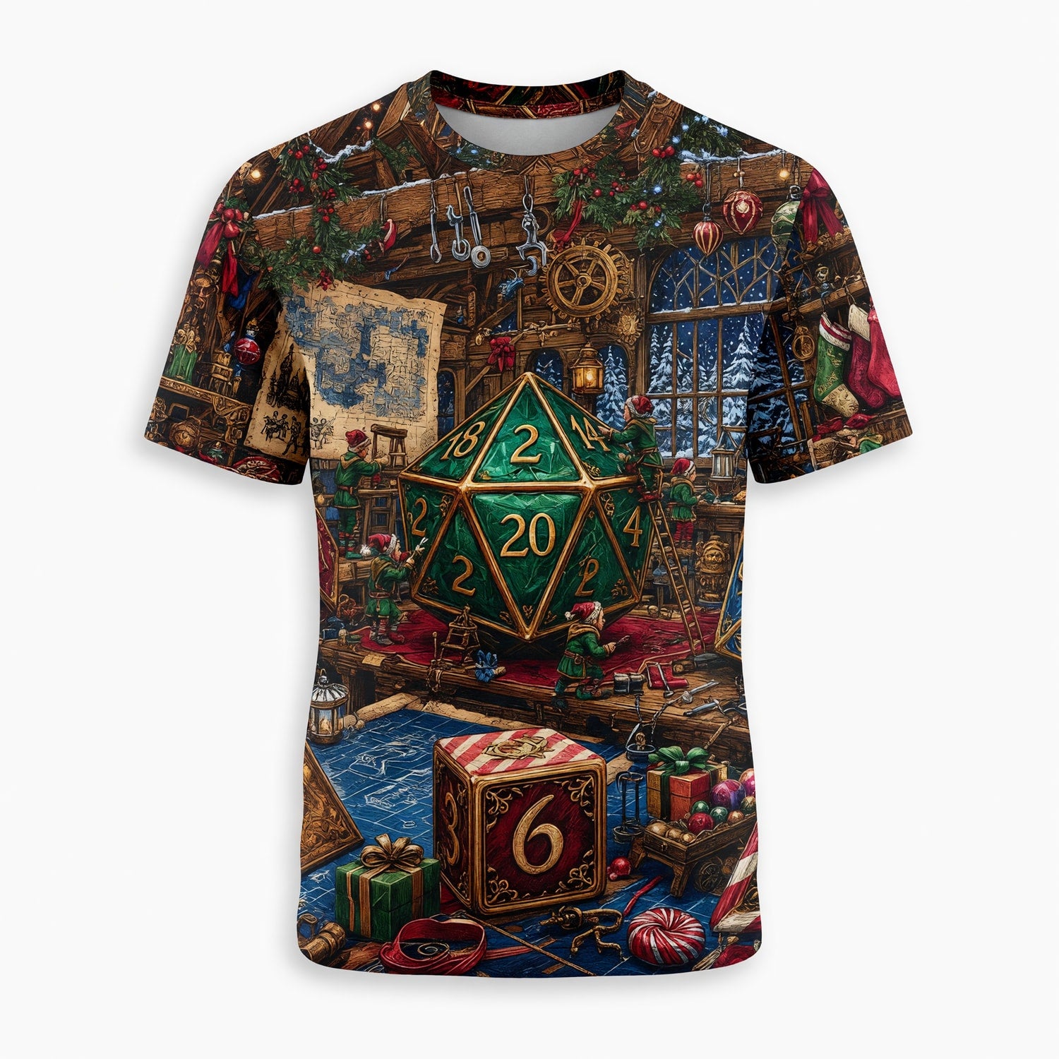 Christmas Dice AOP T-Shirt - Fantasy Holiday Workshop Apparel