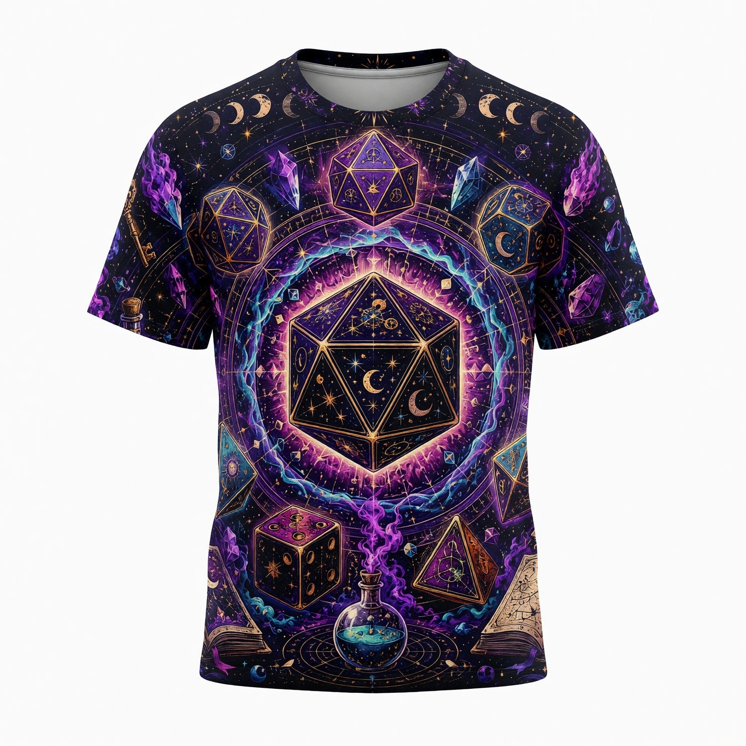 Cosmic Mystic Dice AOP T-Shirt - Celestial Fantasy Gaming Apparel