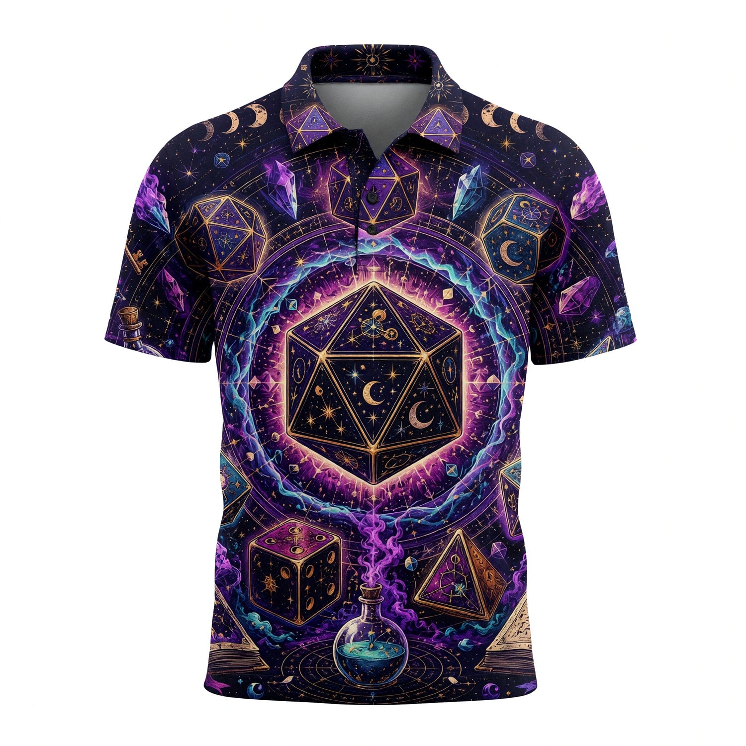 Cosmic Mystic Dice AOP T-Shirt - Celestial Fantasy Gaming Apparel