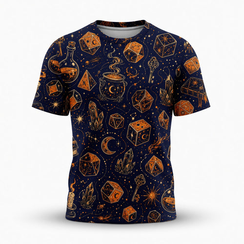 Arcane Dice AOP T-Shirt - Celestial Wizard Fantasy Apparel