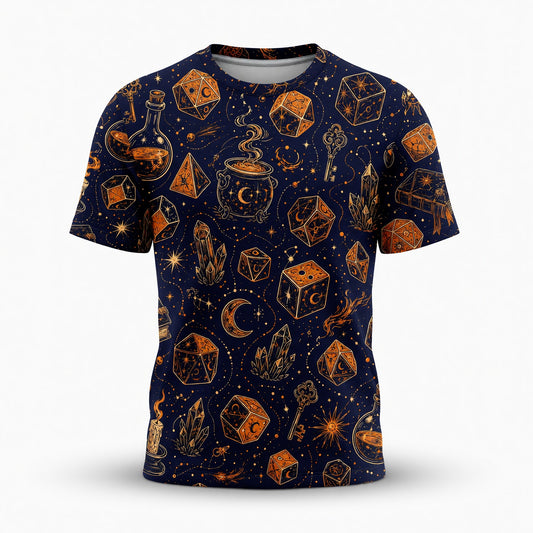 Arcane Dice AOP T-Shirt - Celestial Wizard Fantasy Apparel