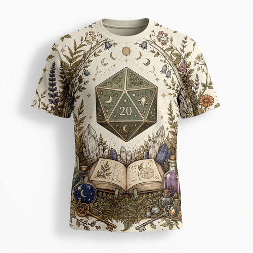 Botanical D20 Dice AOP T-Shirt - Witchy Celestial Herbal RPG Design