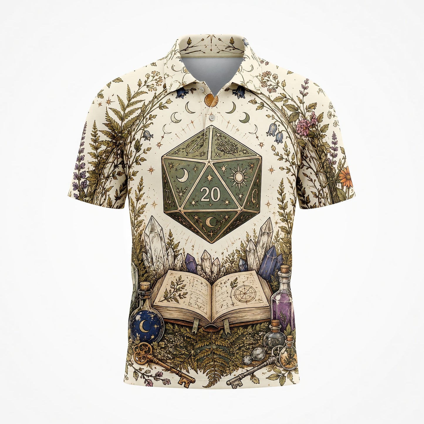 Botanical D20 Dice AOP T-Shirt - Witchy Celestial Herbal RPG Design