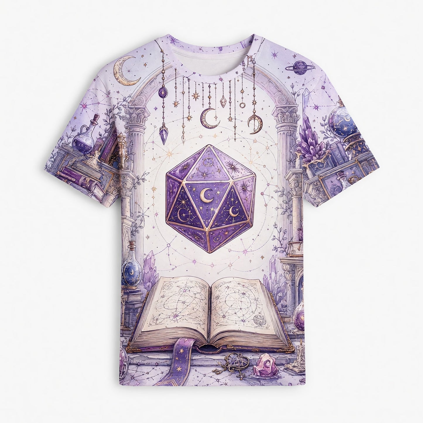 Celestial D20 Dice AOP T-Shirt - Mystic Astrology Fantasy Apparel