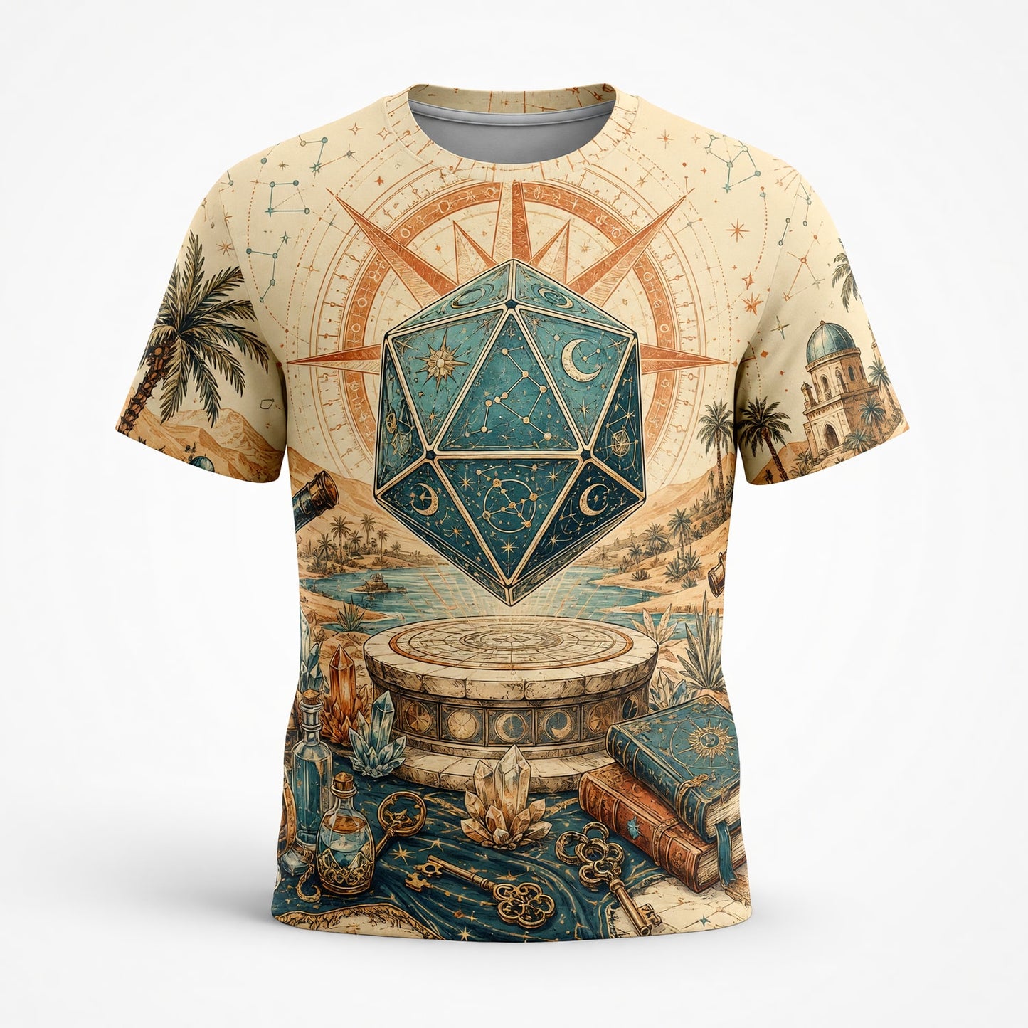 Celestial D20 Dice AOP T-Shirt - Fantasy Astrology Streetwear