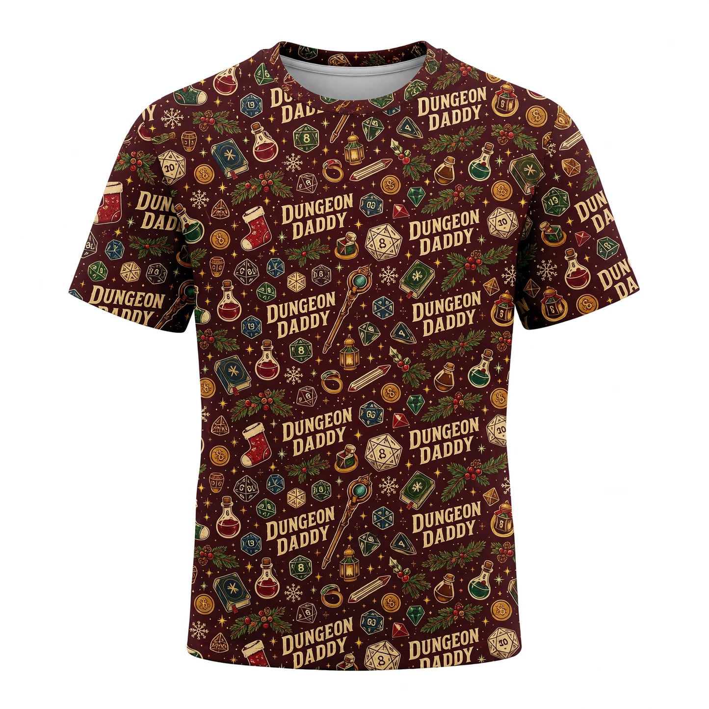 Dungeon Daddy Christmas AOP T-Shirt - Fantasy Holiday Dice Pattern