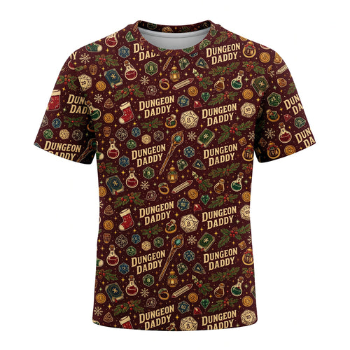 Dungeon Daddy Christmas AOP T-Shirt - Fantasy Holiday Dice Pattern