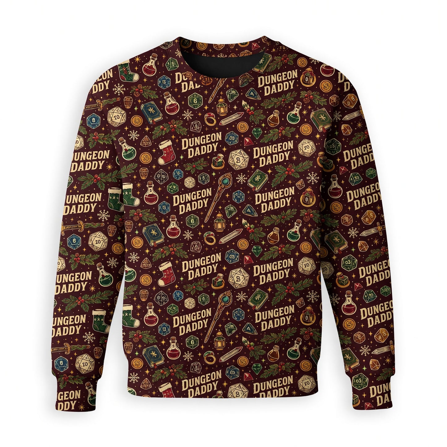Dungeon Daddy Christmas AOP T-Shirt - Fantasy Holiday Dice Pattern