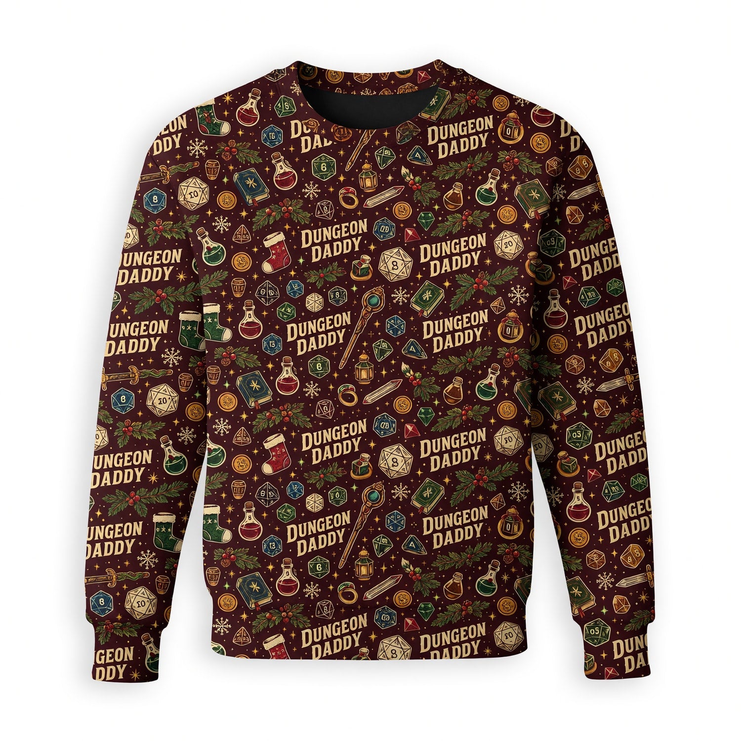 Dungeon Daddy Christmas AOP T-Shirt - Fantasy Holiday Dice Pattern