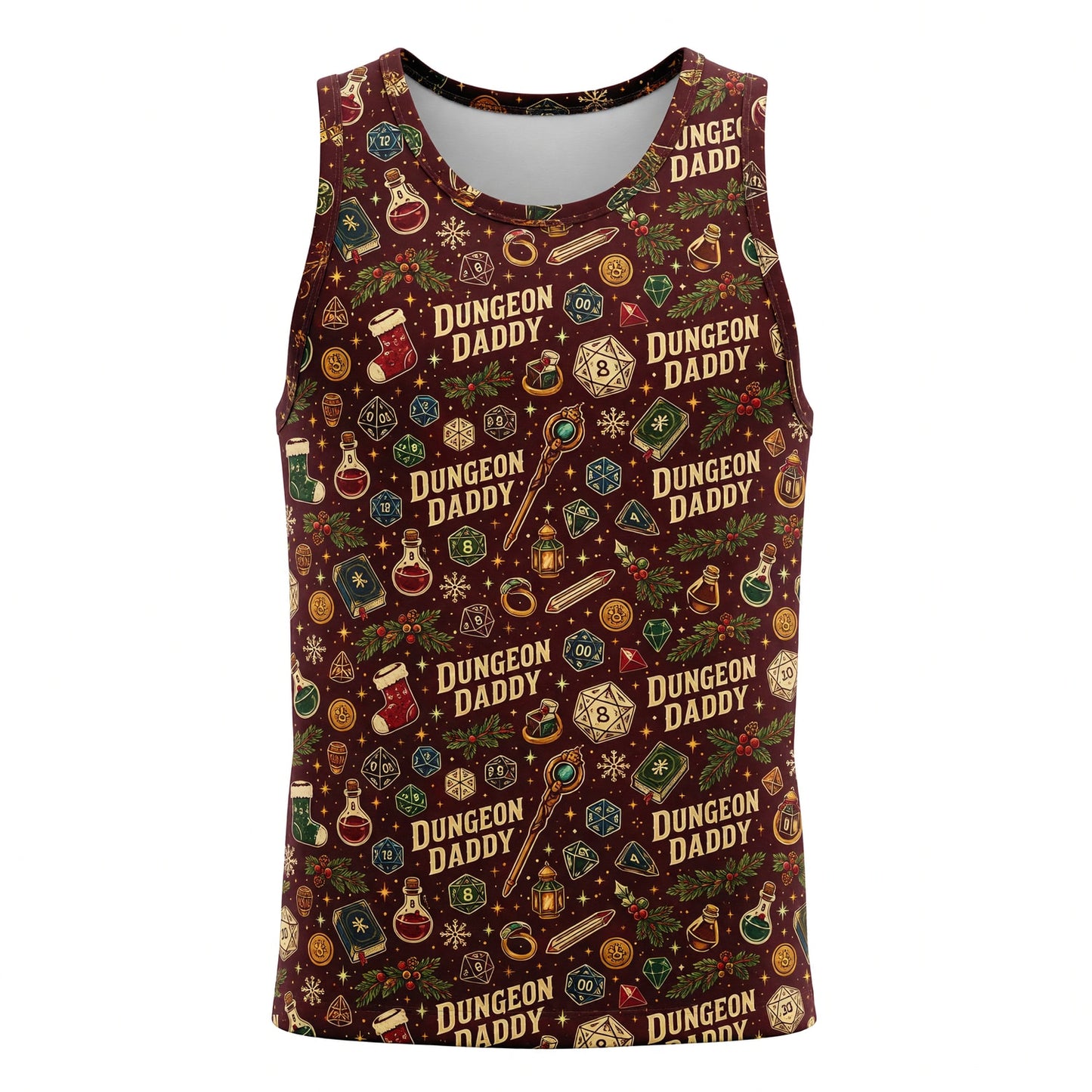 Dungeon Daddy Christmas AOP T-Shirt - Fantasy Holiday Dice Pattern