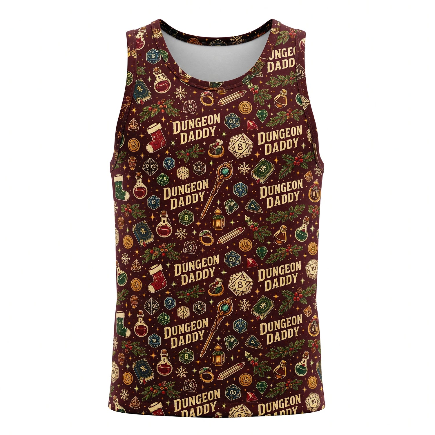 Dungeon Daddy Christmas AOP T-Shirt - Fantasy Holiday Dice Pattern