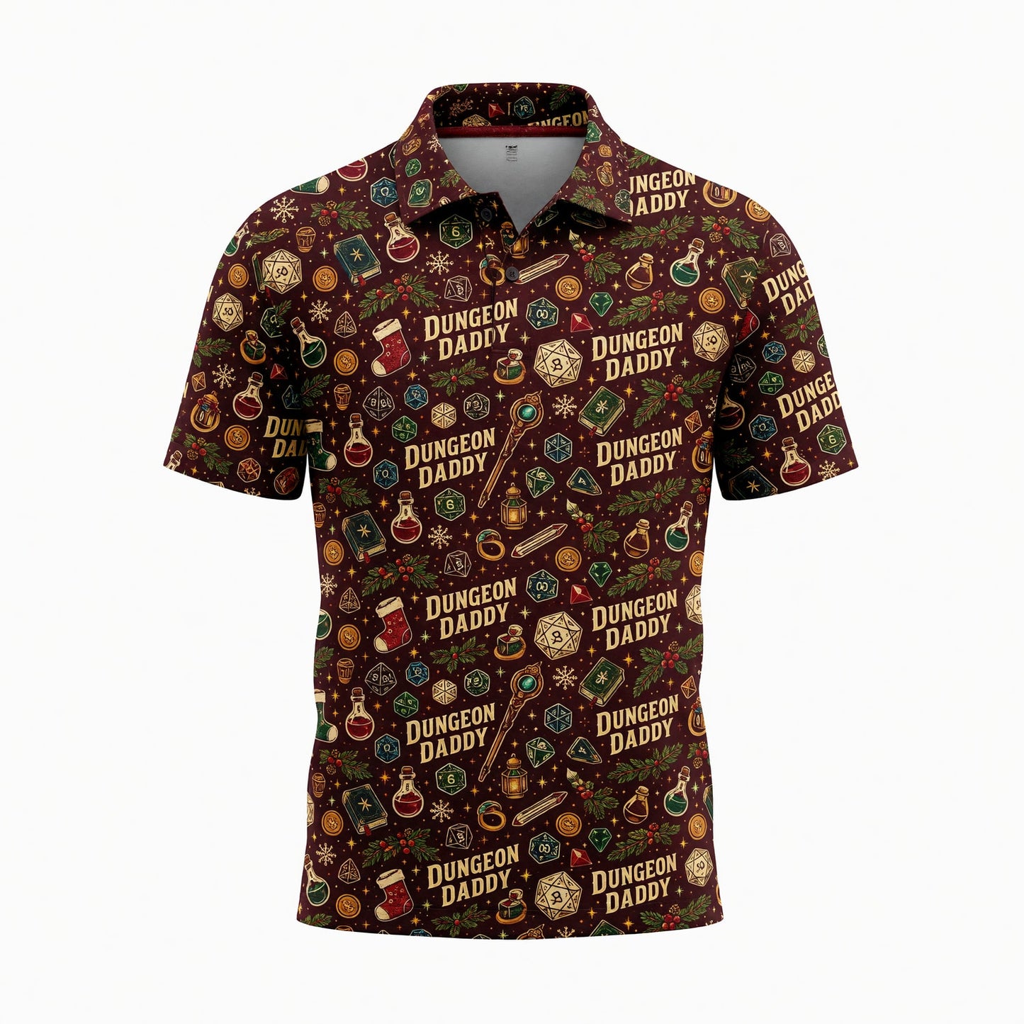 Dungeon Daddy Christmas AOP T-Shirt - Fantasy Holiday Dice Pattern