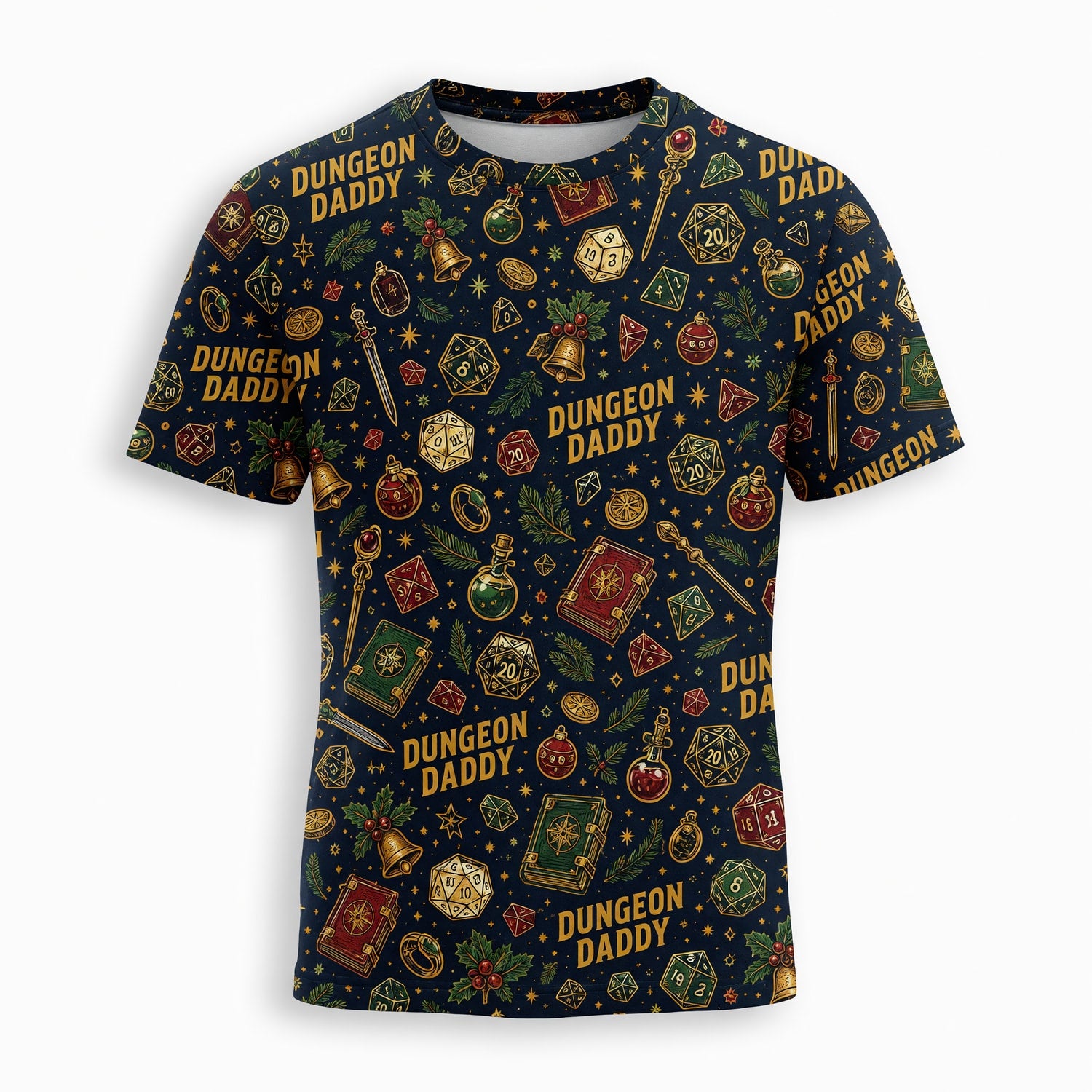 Dungeon Daddy Christmas AOP T-Shirt - Holiday Tabletop Pattern